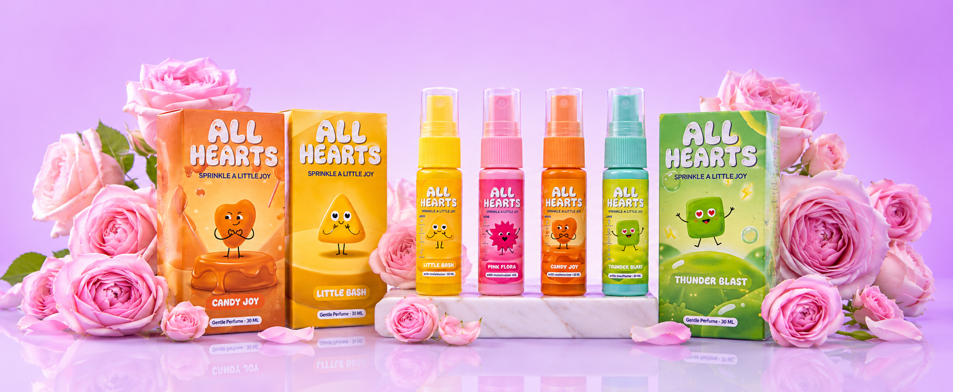Colorful perfume lineup with pink roses