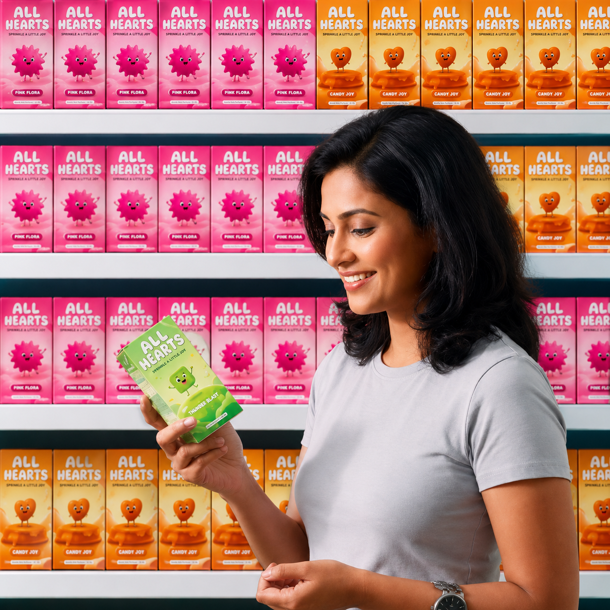 Shopping joy in a colorful aisle